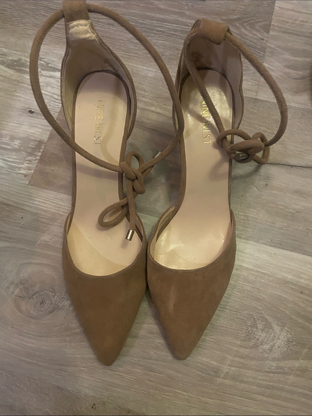 Nine West Brown Suede Pointed Toe Ankle Tie Heels